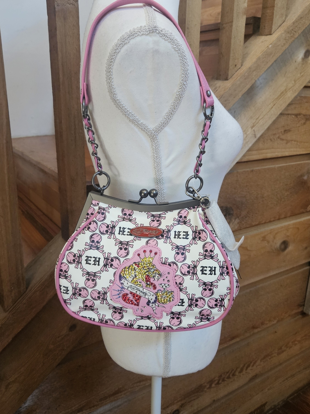 Ed Hardy Pink and White Graphic Kiss-Lock Hobo